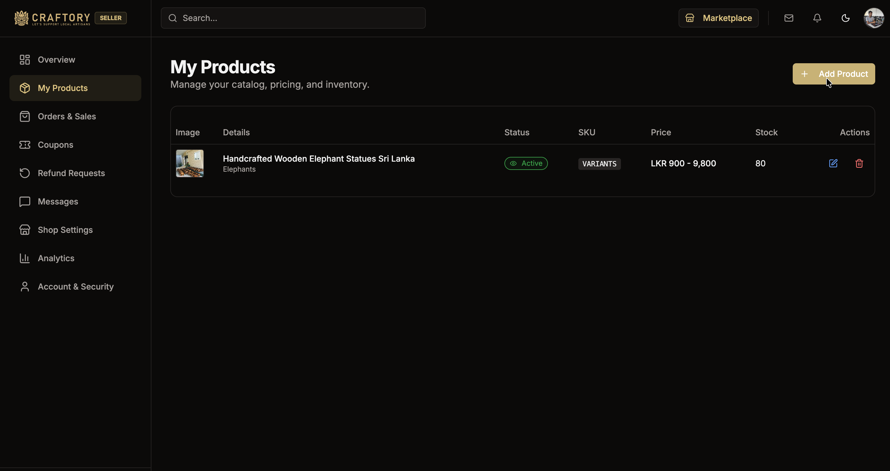 Product Dashboard Navigation