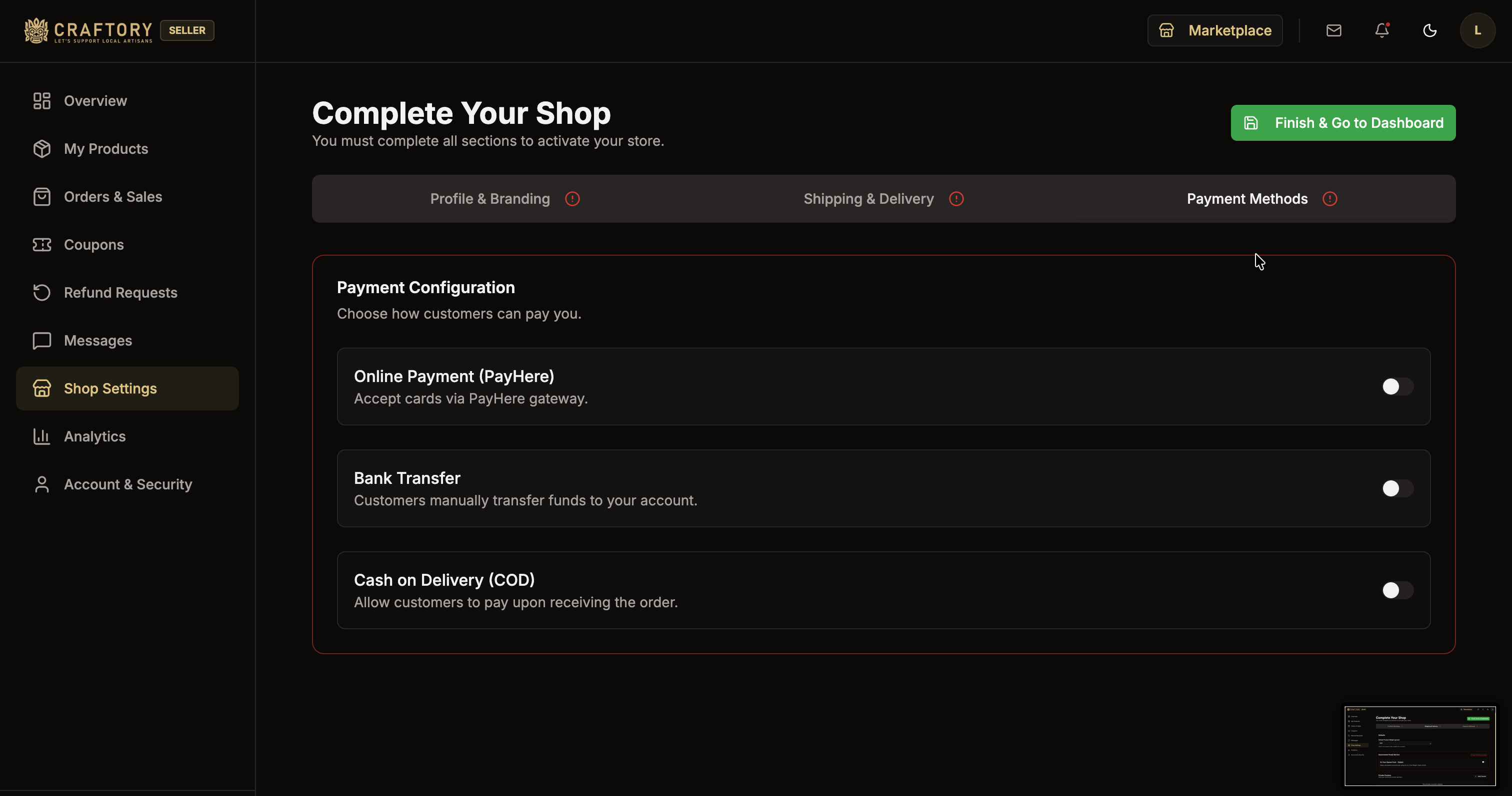 Payment Settings Screen